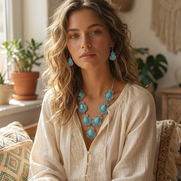 Turquoise Stone Statement Y Necklace Silver Dipped with Earrings SET NEW Western - Picture 4 of 4